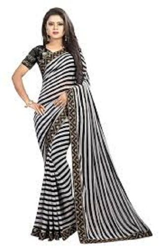 Blue Ladies Casual Wear Elegant Look Beautiful Comfortable White And Black Stripe Printed Saree