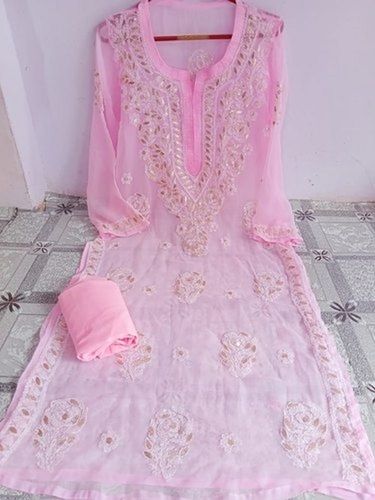 Washable Light Pink Party Wear Embroidered Chiffon Ladies Kurti For Casual And Regular Wear