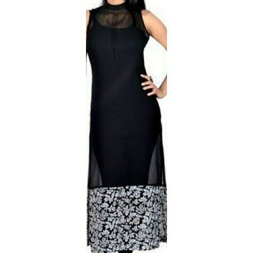 Quick Dry Round Neck Sleeveless Georgette Black Ladies Kurti For Casual And Regular Wear