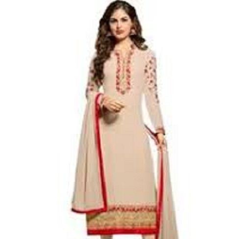 Attractive Look Party Wear Embroidered Neck Full Sleeves Cream And Red Ladies Kurti Decoration Material: Beads