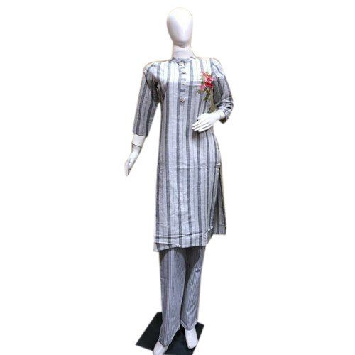 Grey Full Sleeves Pure Cotton Casual Wear Ladies Fancy Kurti With Palazzo