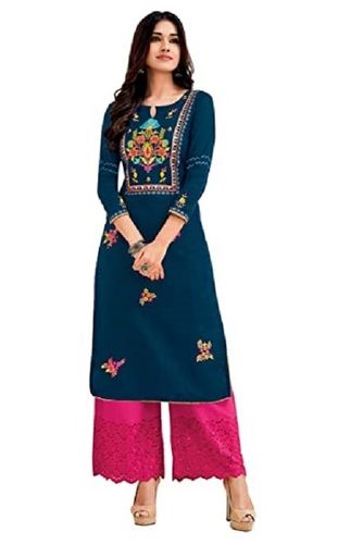 Ladies Skin Friendliness Round Neck 3/4 Sleeves Designer Navy Blue Kurti