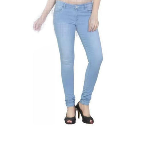 Women Slim Fit Stretchable Sky Blue Single Button Broad Waist Band Denim Jeans