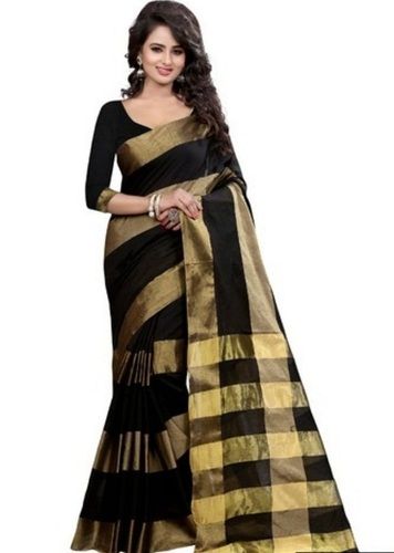 Cotton Black And Golden Silk Ladies Saree With Blouse Piece Set For Casual Wear