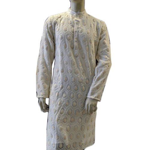 Men Full Sleeves Stylish Traditional Look Comfortable Printed Cotton Grey Kurta 