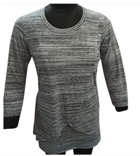 Iron Round Shape And Long Sleeve Round Grey Ladies Hosiery T Shirt