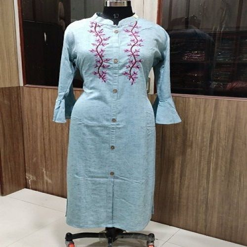 Sky Blue Color Collard Neck 3/4th Floral Sleeve Printed Straight Ladies Kurti