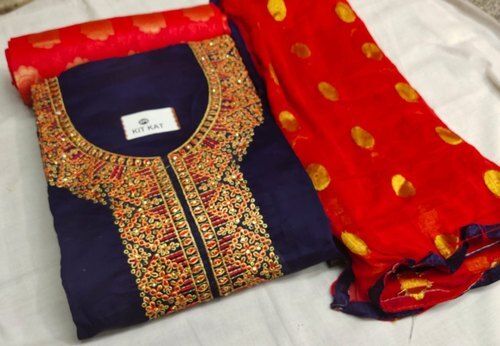 Women Casual Wear Comfortable And Smooth Blue Red Unstitched Suit Salwar