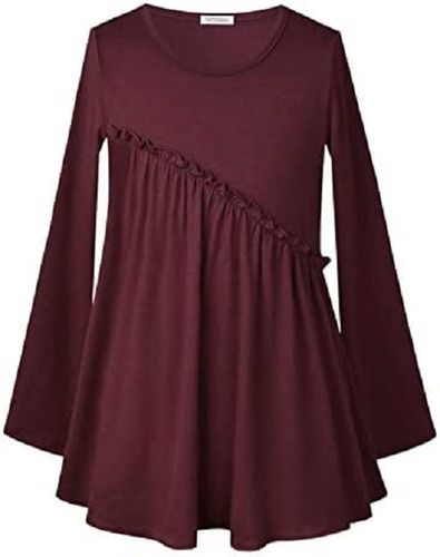 Women Casual Wear Lightweight Round Neck Full Floral Sleeves Maroon Long Top