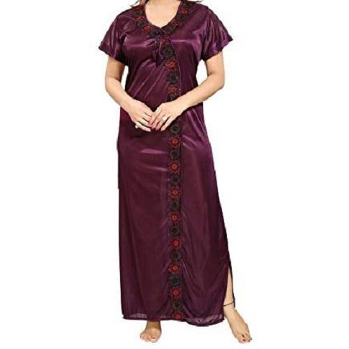 Satin Marron And Full Length Half Sleeves Ladies Embroidered Night Gown