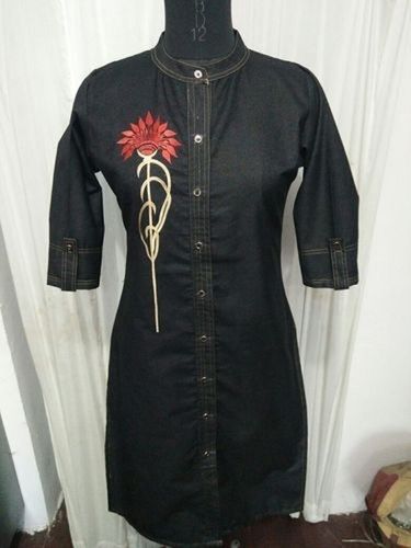 Washable Black Color Printed Plain Denim Ladies Kurti For Casual And Regular Wear