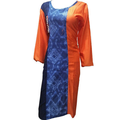 Chiffon Blue And Orange 3/4Th Rayon Casual Ladies Kurti For Casual And Regular Wear