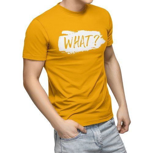 Breathable Skin Friendly Wrinkle Free Round Neck Yellow Half Sleeve Cotton T Shirts For Men