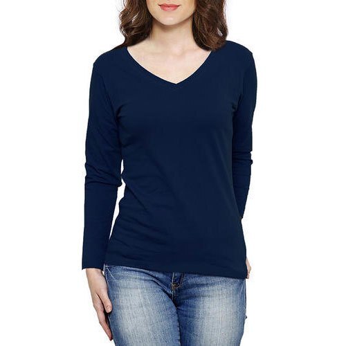 Cotton - Size L/XL Light Blue Full Sleeve V Neck T Shirt For Women Elegant Breathable Style