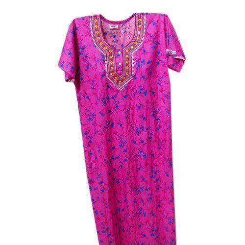 Summer Daily Wear Breathable Skin Friendly Pink Cotton Printed Embroidered Night Gown 