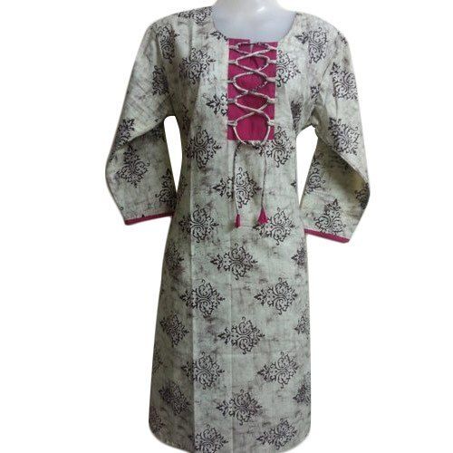 No Fade Grey Color 3/4 Sleeves Ladies Kurti For Casual And Regular Wear