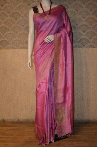 Printed Party Wear Plain Tassar Muga Silk Saree, With Blouse Piece For Summer