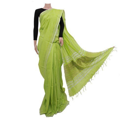 Summer Party Wear Printed Green Colour Plain Muga Silk Saree With Blouse Piece