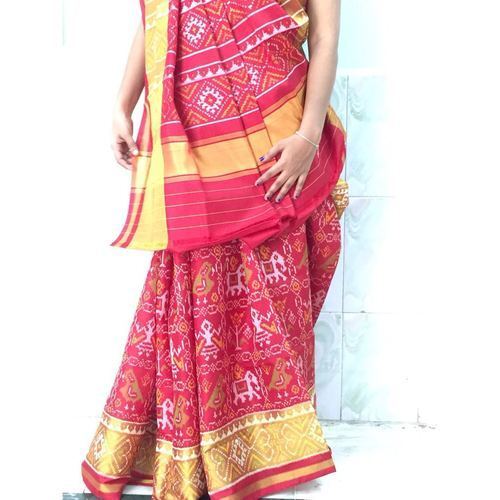 Printed Party Wear Cotton Silk Red And Yellow Rajkot Handloom Patola Saree For Summer