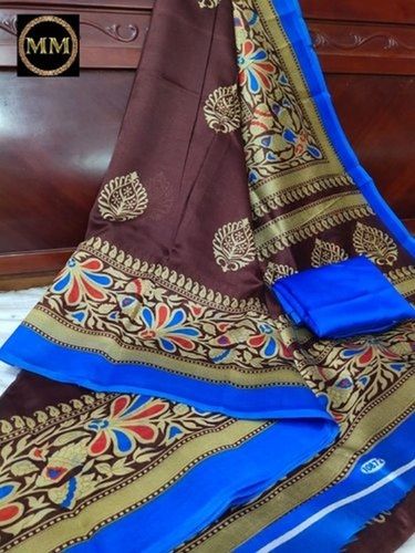 Blue Brown Printed Casual Wear Bhagalpuri Silk Ladies Saree For Casual Wear With Blouse Piece Set