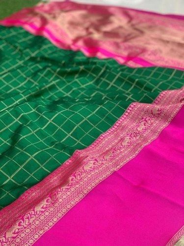 Plain Green And Pink Checked Party Wear Bhagalpuri Silk Ladies Saree