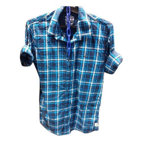 Washable Check Pattern Blue Mens Check Shirts For Casual And Regular Wear