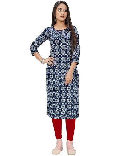 Stylish And Comfortable Blue Round Shaped 3/4 Sleeves Ladies Fancy Kurti For Daily Wear