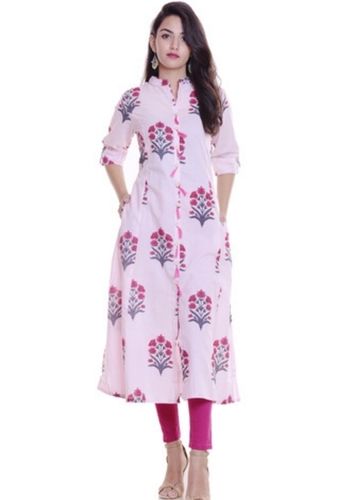 Indian 100% Pure Cotton Perfect Shine And Finishing White Pink Printed Ladies Suits For Casual Wear