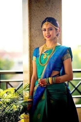 Winter Ladies Ethnic Wear Lightweighted Green And Blue Silk Zari Work Saree