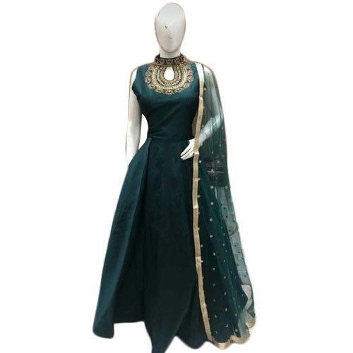 Ladies Embroidery Party Wear Breathable Sleeveless Dark Green Cotton Gown