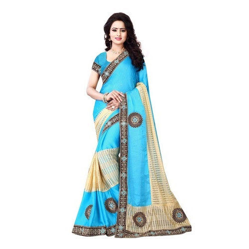 Rainy Pure Cotton Perfect Shine And Finishing Sky Blue Printed Ladies Silk Saree For Party Wear