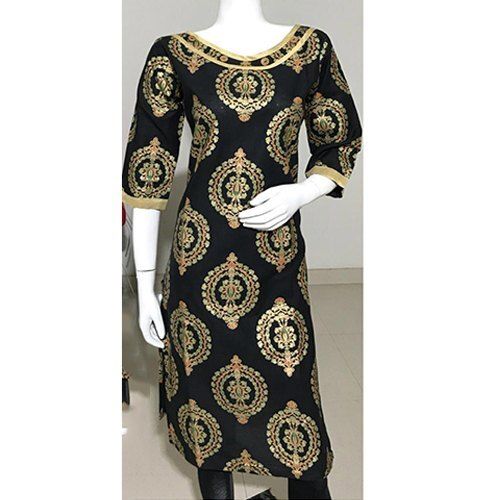 Washable Round Neck Black Block Print Ladies Kurti For Casual And Regular Wear