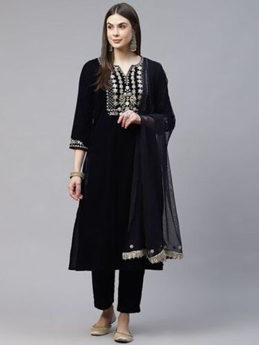 Black Royal Blue Velvet Hand Work Kurta Pant With Net Dupatta Set 