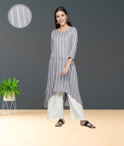 Grey Stripped Line Straight Calf Rayon Ladies Kurti 