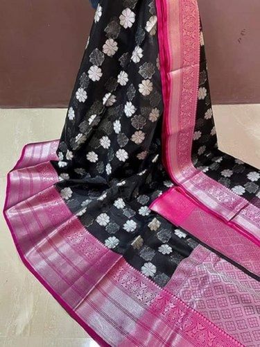 beautiful stylish breathable party wear modern trendy balck with pink zari border fancy saree 584