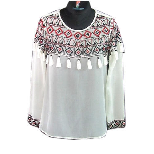Breathable Modern Wear White Full Sleeve Cotton Hand Embroidered Women Top 