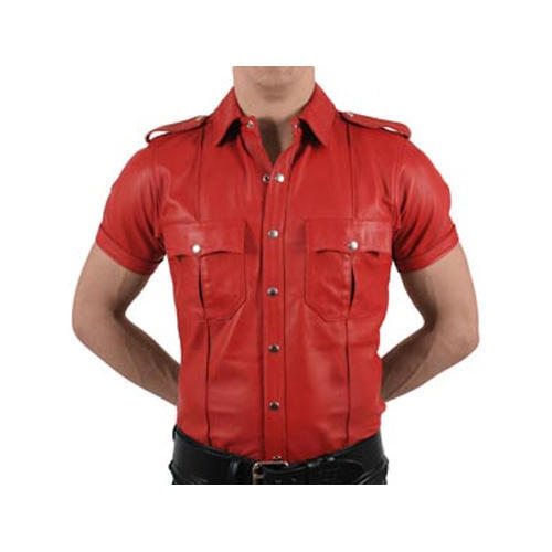 Red Simple Elegant And Stylish Look Half Sleeve Casual Wear Leather Shirt For Men Size: Customize Size