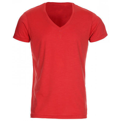 Red Plain V Neck Breathable Skin Friendly Wrinkle Free Half Sleeve Cotton T Shirts For Men