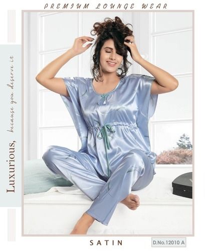 Blue Satin Kaftan Fancy Short Sleeves Night Suit For Ladies