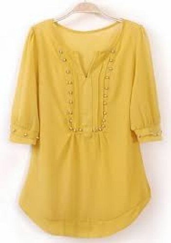 Plain Women 3/4 Sleeves Summer Wear Breathable And Comfortable Yellow Cotton Top