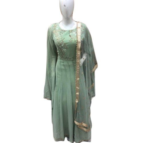 Indian Women Party Wear Beautiful Embroidered Fancy Mint Green Chiffon Gown