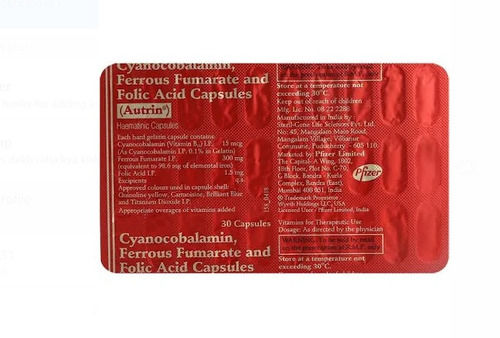 Autrin Ferrous Fumarate And Folic Acid Capsules, 30 Capsules In A Pack General Medicines