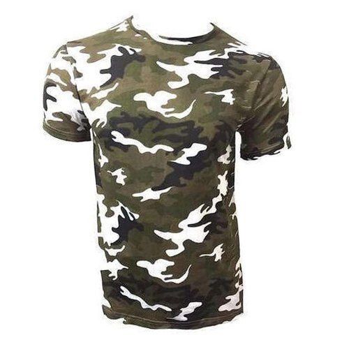 Breathable And Comfortable Green White Half Sleeve Round Neck Army T Shirts For Men