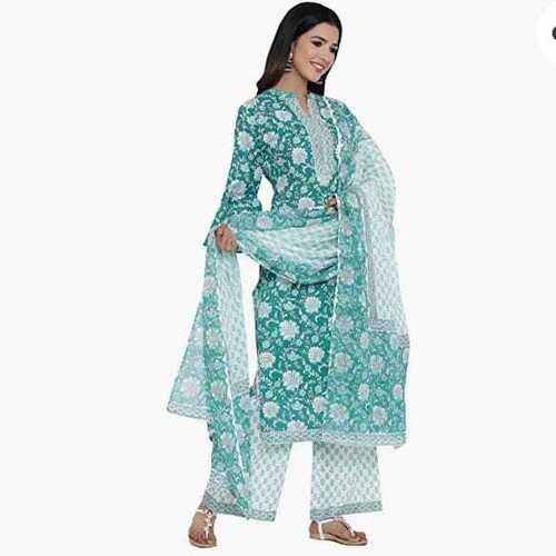 Blue Full Sleeves Comfortable And Breathable Cotton Kurti With Matching Palazzo