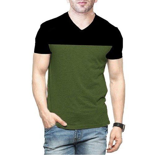 Green With Black Breathable And Casual Wear Half Sleeve V Neck T-Shirt For Men