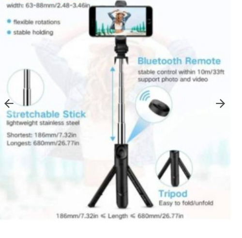 ट्राइपॉड, स्ट्रेचेबल स्टिक, ब्लूटूथ रिमोट के साथ ब्लैक एंड सिल्वर प्लास्टिक पोर्टेबल सेल्फी स्टिक डिज़ाइन: बार
