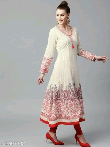 White And Red Fashionable Casual Wear Stitched Stylish Cotton Women'S Kurti 