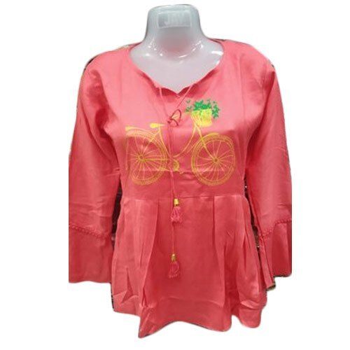 Printed Full Sleeve Cotton Peach Casual Wear Fancy Tops For Ladies