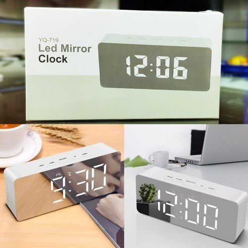 प्लास्टिक आयताकार बड़ी डिजिटल व्हाइट एलईडी मिरर अलार्म घड़ी