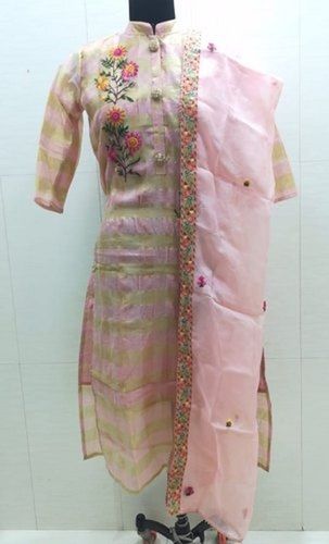 Pink Straight Chanderi Designer Ladies Kurti With Dupatta Ladies Kurti For Casual And Regular Wear